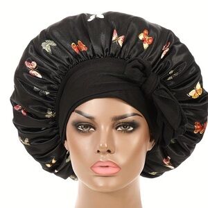 Black Satin Butterfly Sleep Bonnet with Headwrap